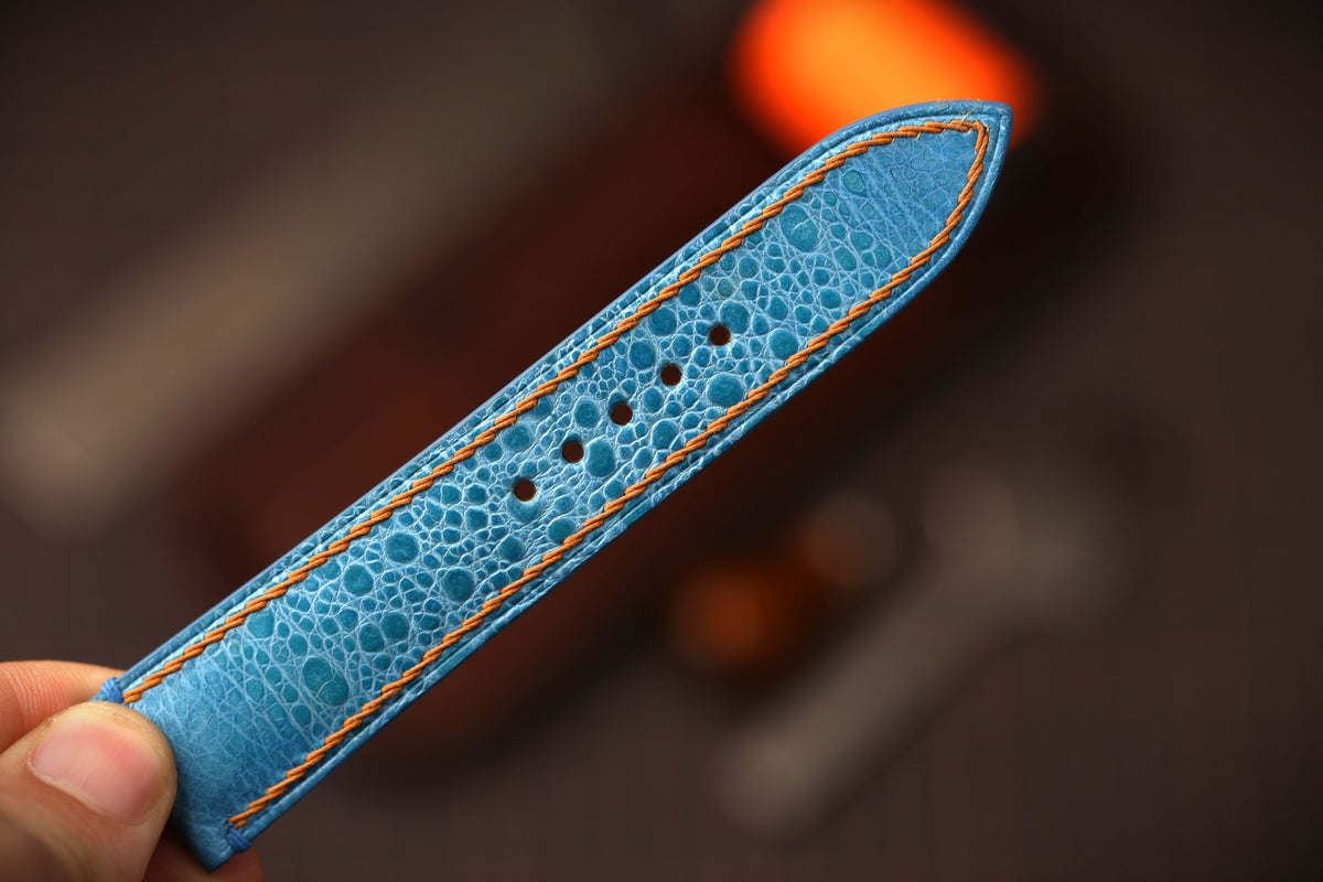 Bespoke Light Blue Toad Leather Watch Strap with Orange Thread