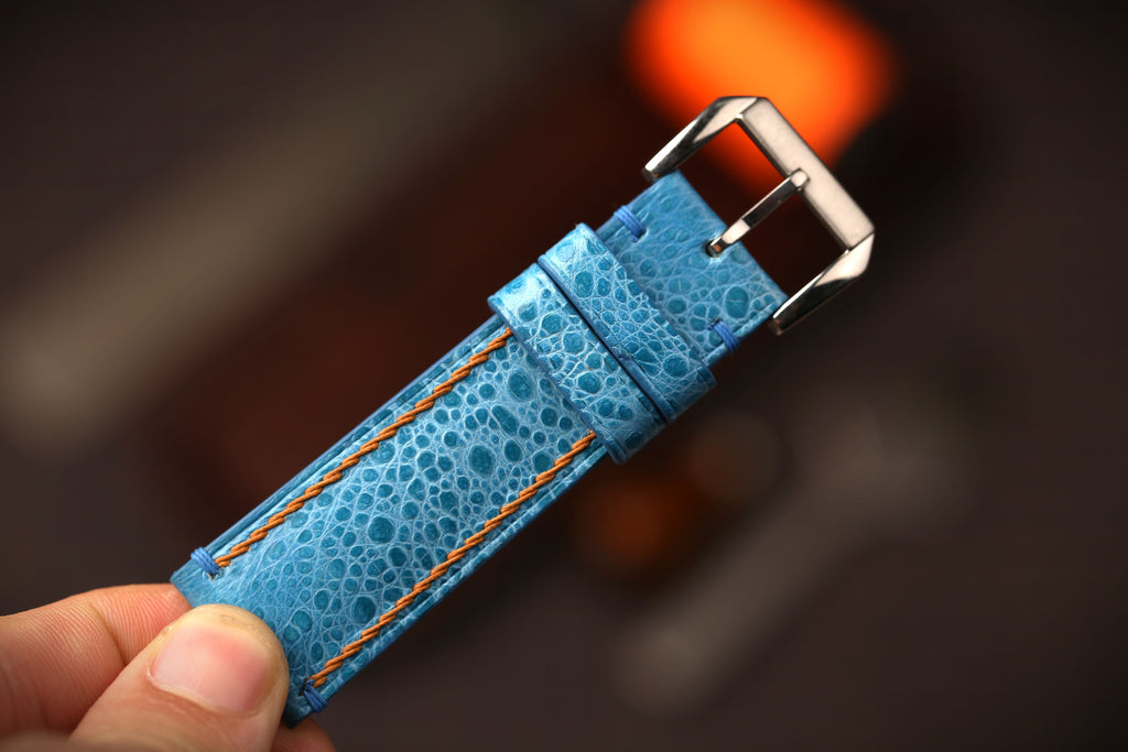 Bespoke Light Blue Toad Leather Watch Strap with Orange Thread
