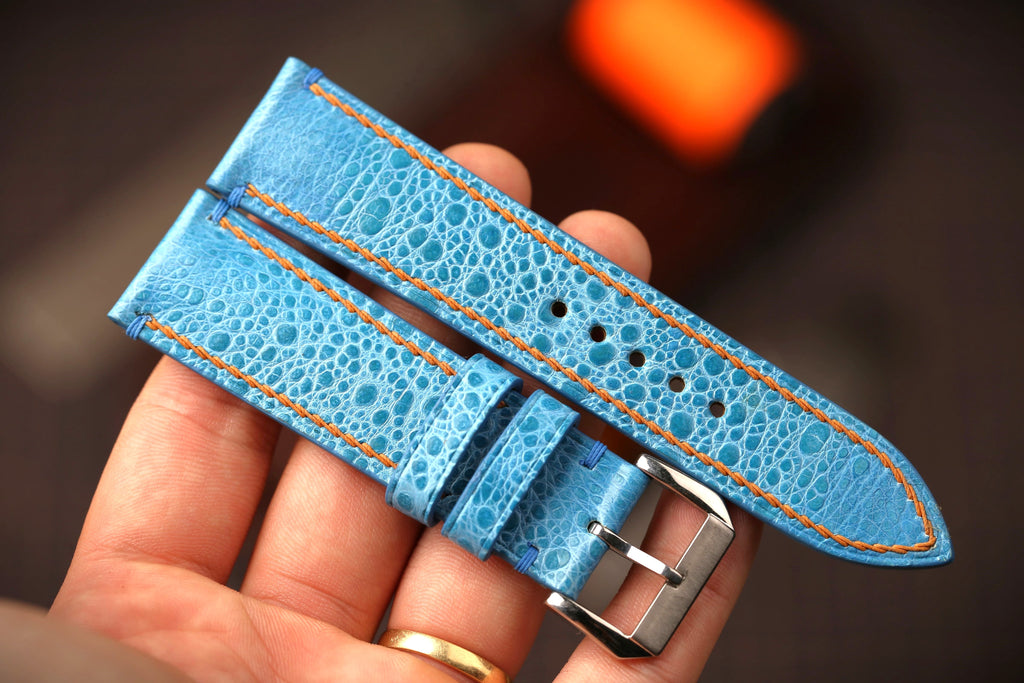 Bespoke Light Blue Toad Leather Watch Strap with Orange Thread