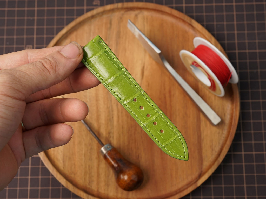 Bespoke Lime Green Alligator Leather Watc Strap for Omega with Deployant Clasp