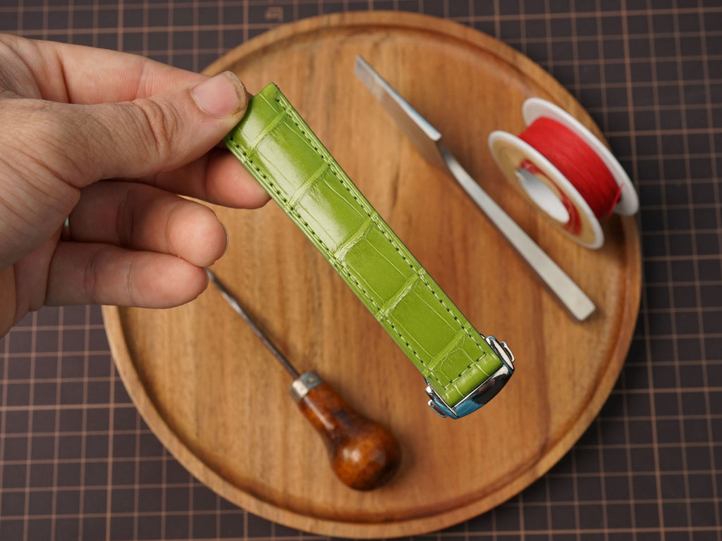 Bespoke Lime Green Alligator Leather Watc Strap for Omega with Deployant Clasp