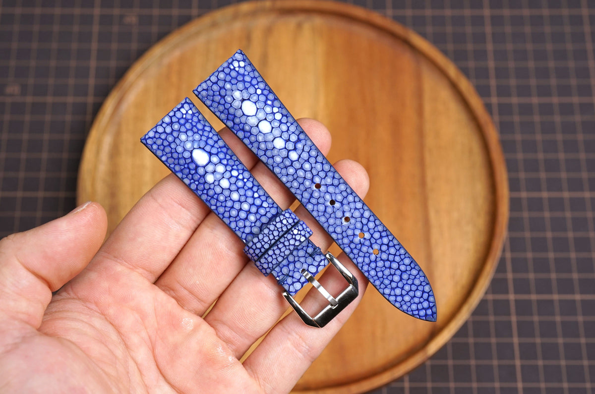 Bespoke Navy Double Pearl Stingray Leather Watch Strap 16/17/18/19/20/21/22/23/24/26/27mm