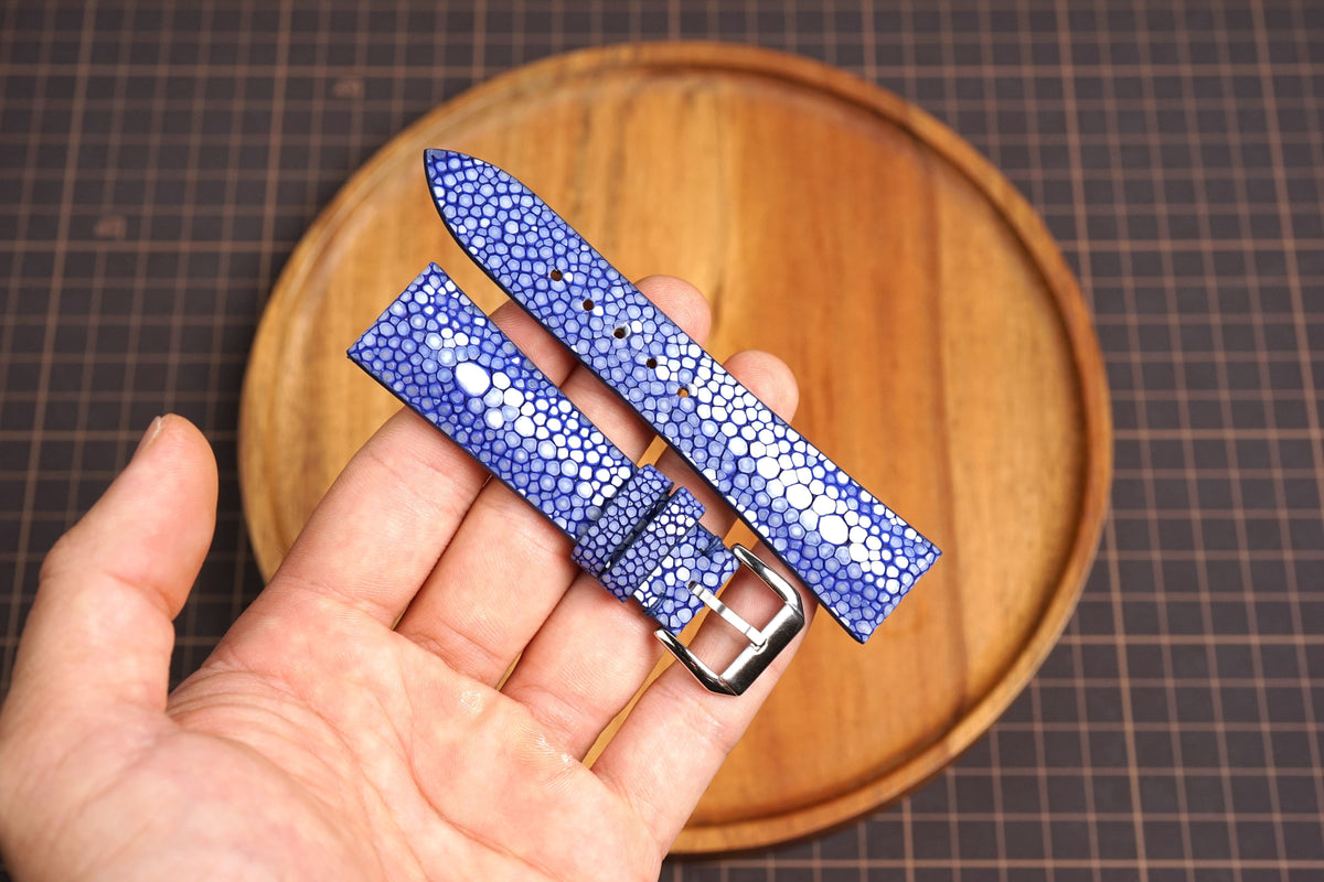 Bespoke Navy Double Pearl Stingray Leather Watch Strap 16/17/18/19/20/21/22/23/24/26/27mm