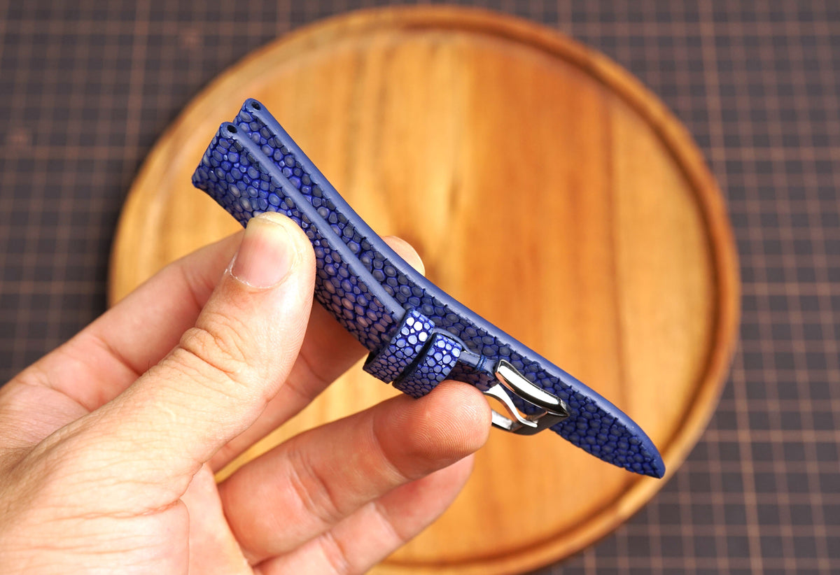 Bespoke Navy Double Pearl Stingray Leather Watch Strap 16/17/18/19/20/21/22/23/24/26/27mm