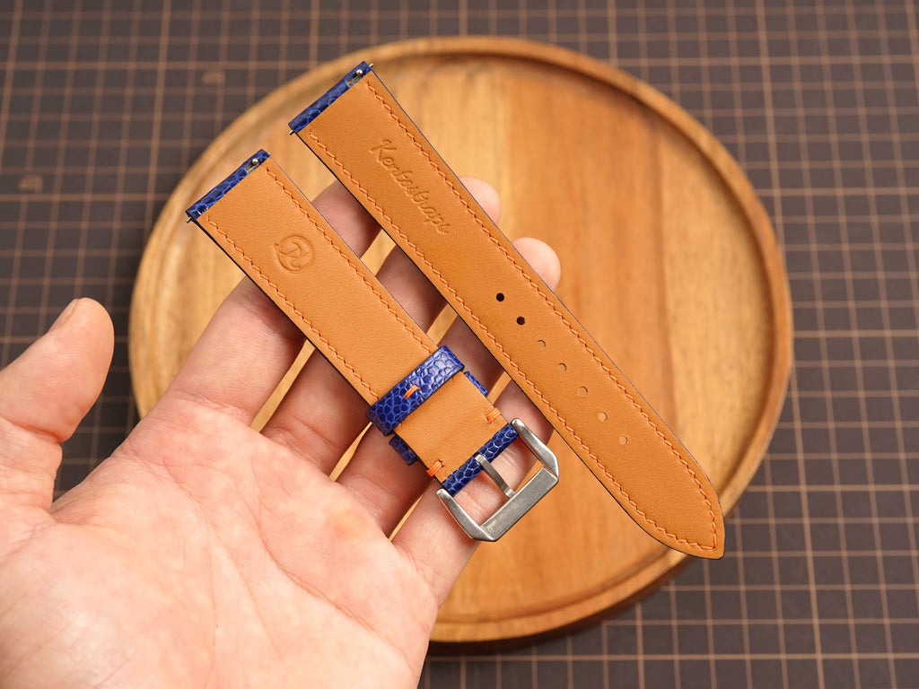 Bespoke Navy Orange Ostrich Leather Watch Strap for Omega