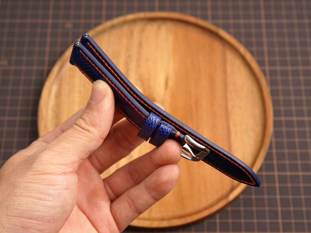 Bespoke Navy Orange Ostrich Leather Watch Strap for Omega