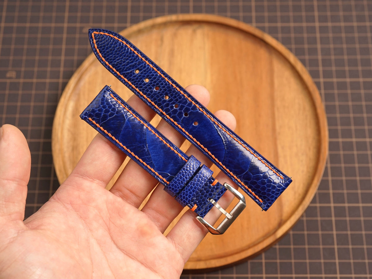Bespoke Navy Orange Ostrich Leather Watch Strap for Omega