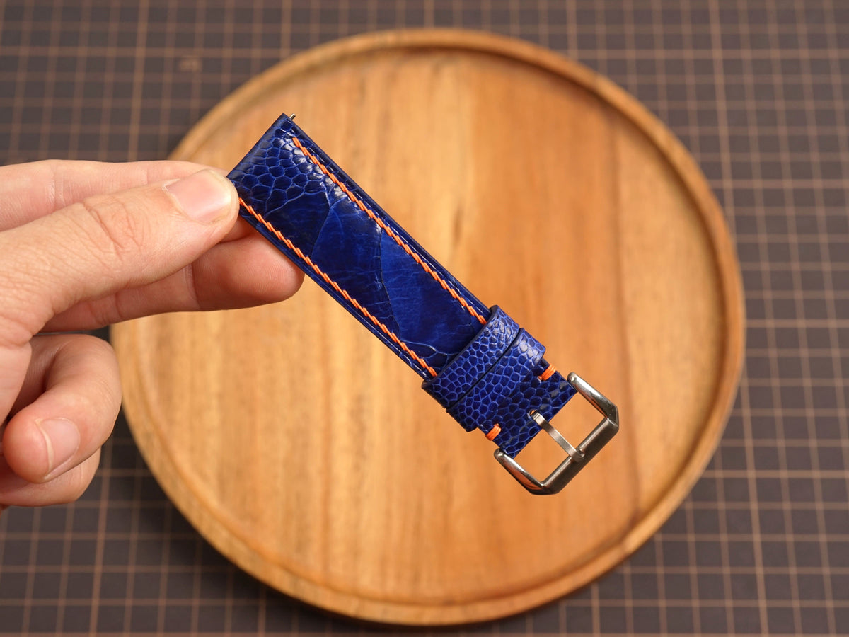Bespoke Navy Orange Ostrich Leather Watch Strap for Omega