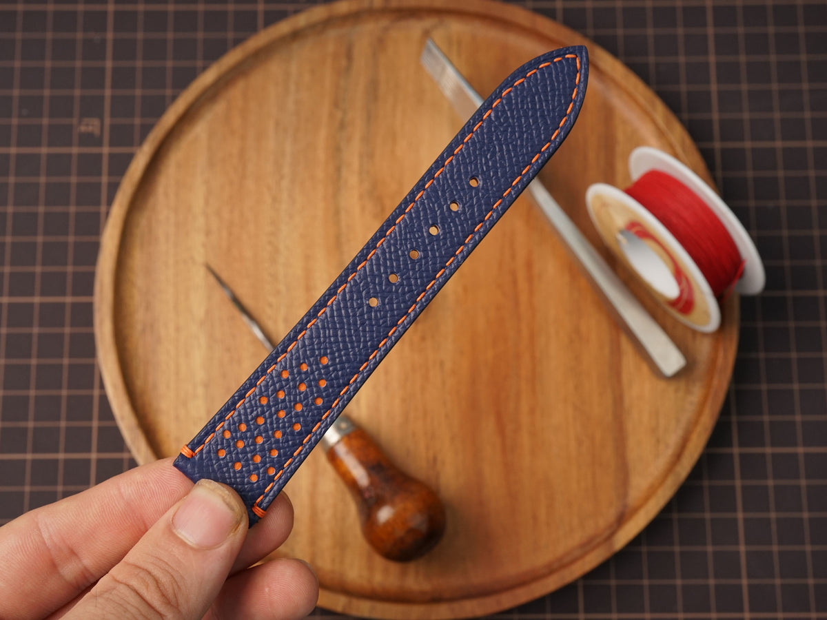 Bespke Navy Orange Rally Racing Epsom Leather Watch Strap, Perforated Watch Band