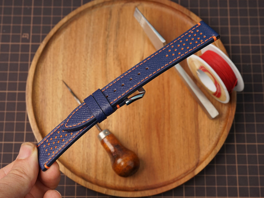 Bespke Navy Orange Rally Racing Epsom Leather Watch Strap, Perforated Watch Band