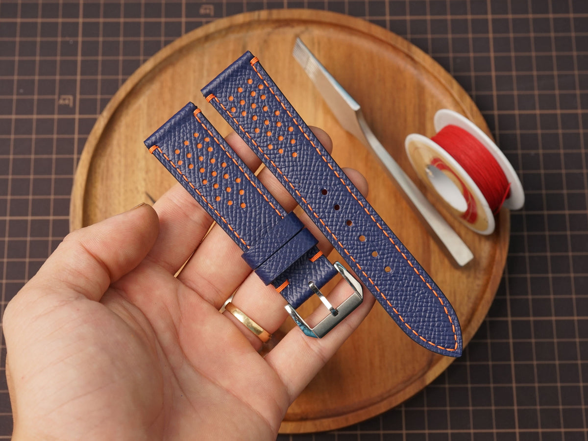 Bespke Navy Orange Rally Racing Epsom Leather Watch Strap, Perforated Watch Band