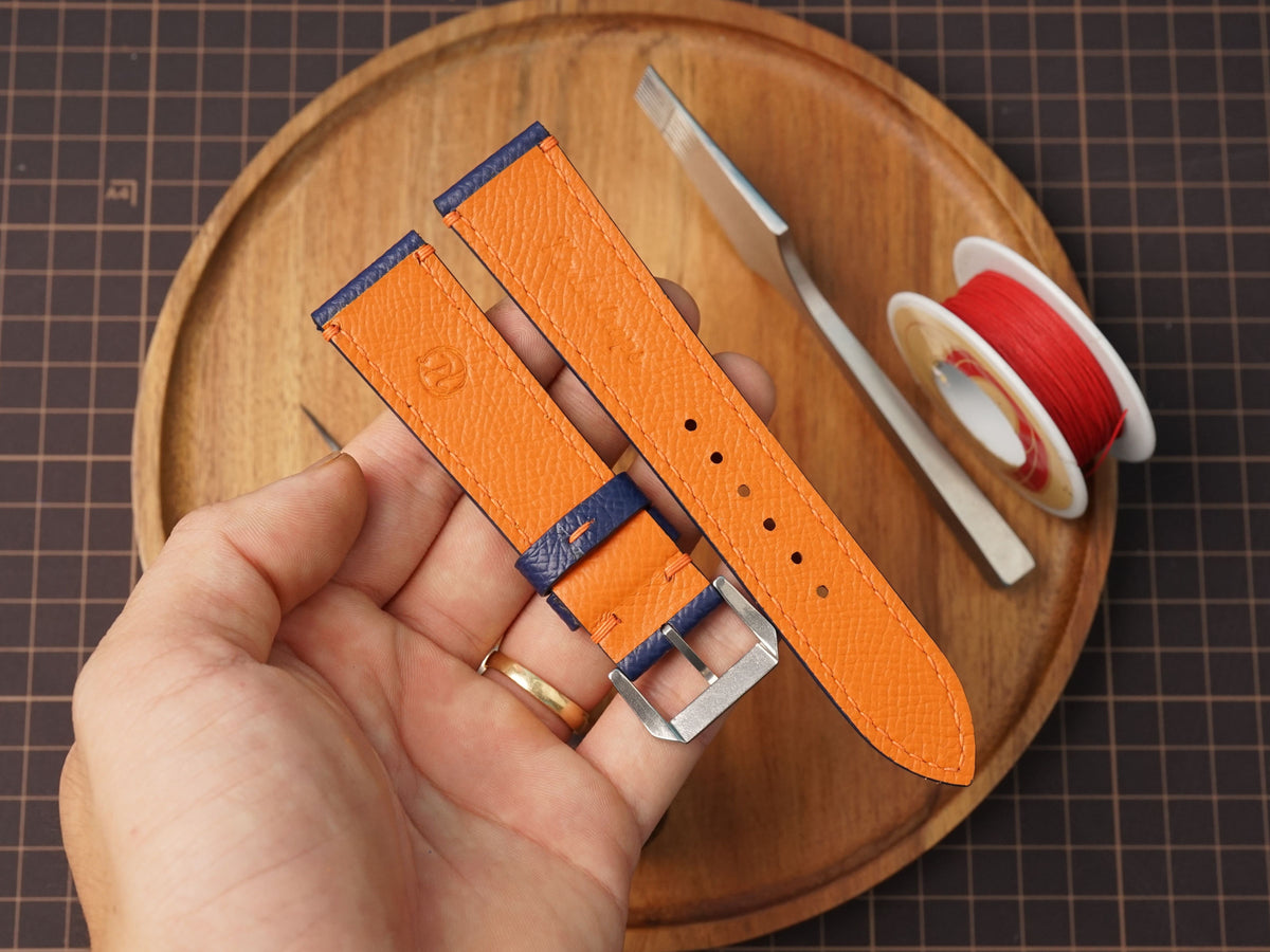 Bespke Navy Orange Rally Racing Epsom Leather Watch Strap, Perforated Watch Band