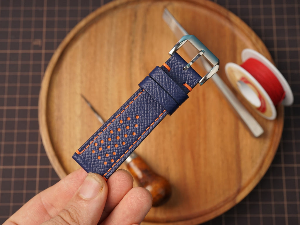 Bespke Navy Orange Rally Racing Epsom Leather Watch Strap, Perforated Watch Band
