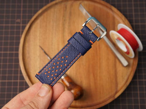 Bespke Navy Orange Rally Racing Epsom Leather Watch Strap, Perforated Watch Band