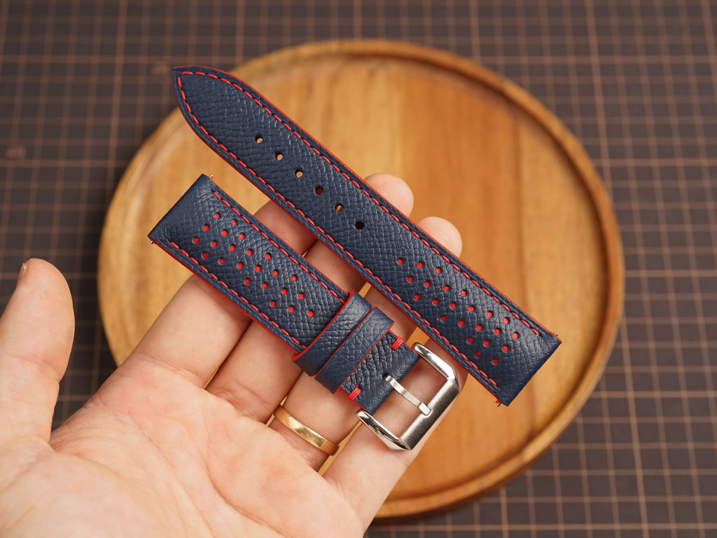 Bespoke Navy Rally Racing Epsom Watch Strap, Perforated Leather Watch Band mix Red