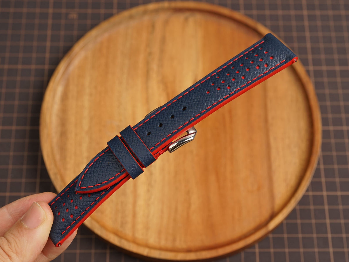 Bespoke Navy Rally Racing Epsom Watch Strap, Perforated Leather Watch Band mix Red