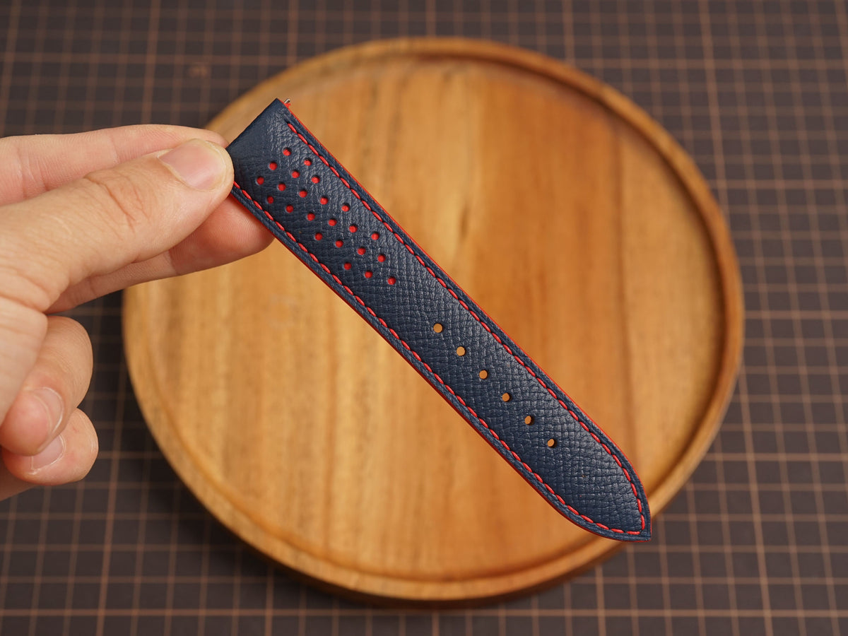 Bespoke Navy Rally Racing Epsom Watch Strap, Perforated Leather Watch Band mix Red