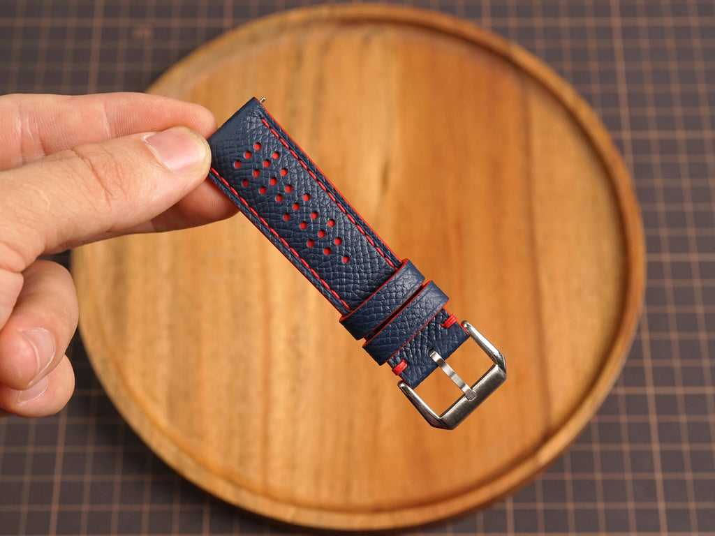 Bespoke Navy Red Epsom Rally Racing Leather Watch Strap, Perforated Watch Band