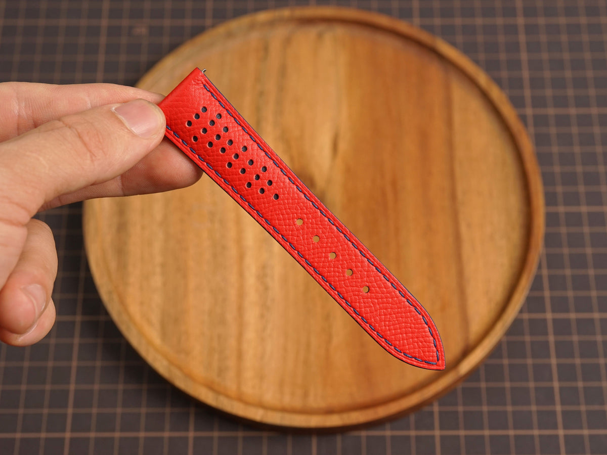 Bespoke Navy Red Epsom Rally Racing Leather Watch Strap, Perforated Watch Band