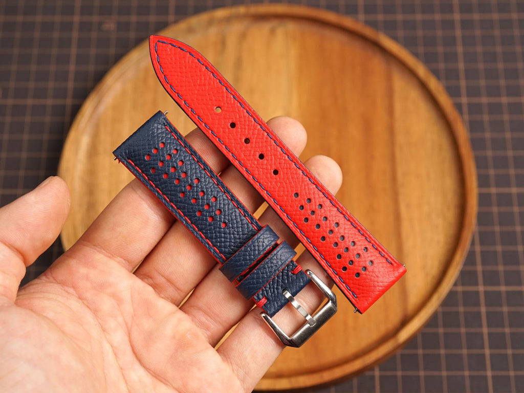 Bespoke Navy Red Epsom Rally Racing Leather Watch Strap, Perforated Watch Band