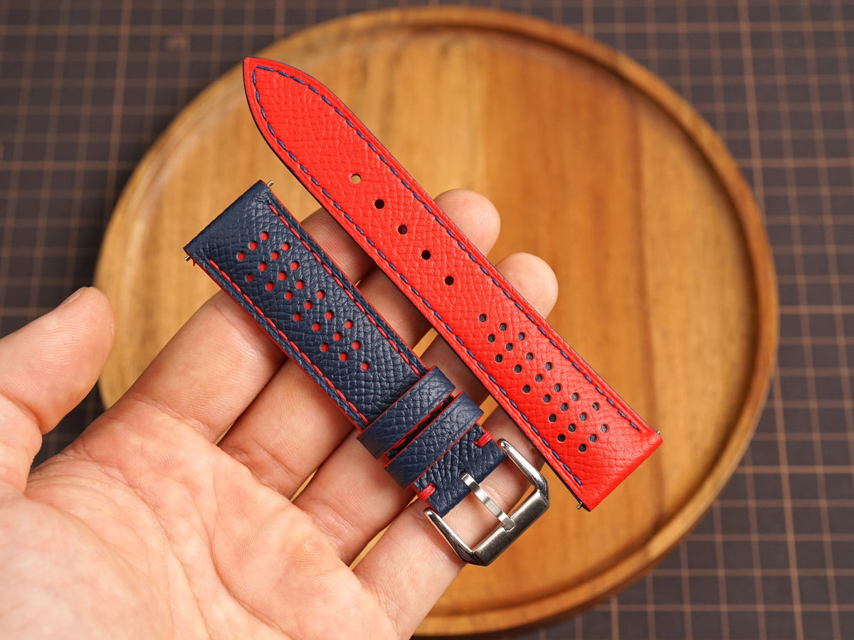 Bespoke Navy Red Epsom Rally Racing Leather Watch Strap, Perforated Watch Band