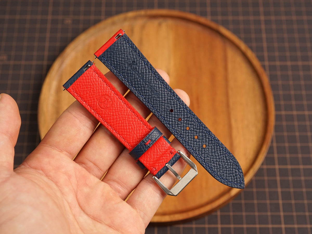 Bespoke Navy Red Epsom Rally Racing Leather Watch Strap, Perforated Watch Band