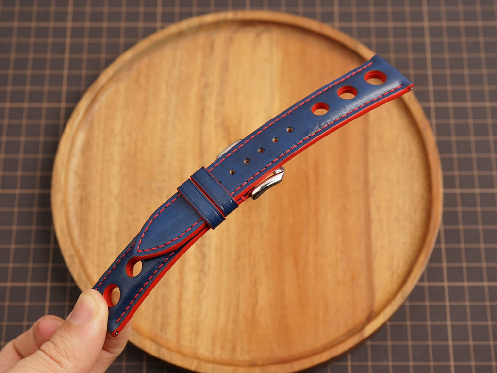 Bespoke Navy Red Rally Racing Buttero Leather Watch Strap, Perforated Watch Band