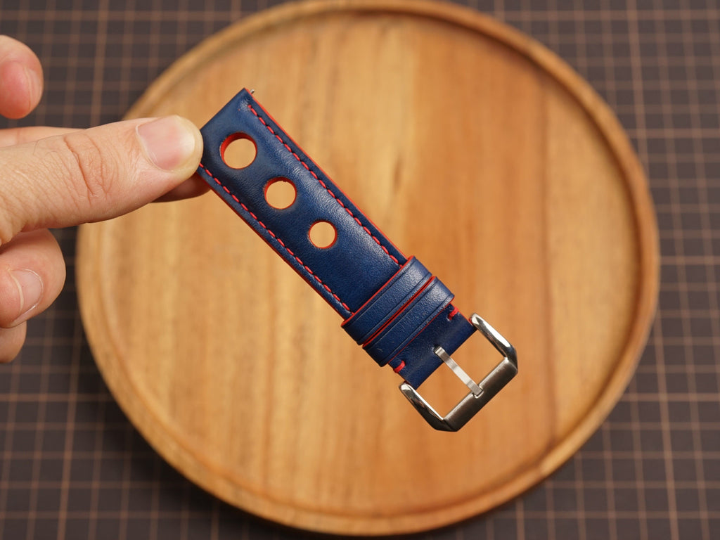 Bespoke Navy Red Rally Racing Buttero Leather Watch Strap, Perforated Watch Band