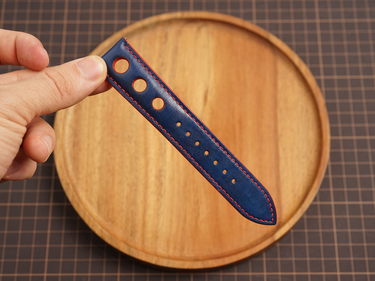 Bespoke Navy Red Rally Racing Buttero Leather Watch Strap, Perforated Watch Band