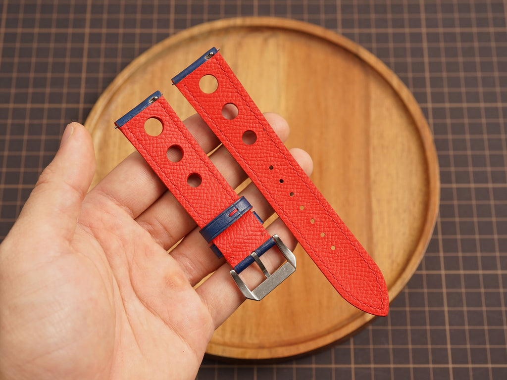 Bespoke Navy Red Rally Racing Buttero Leather Watch Strap, Perforated Watch Band