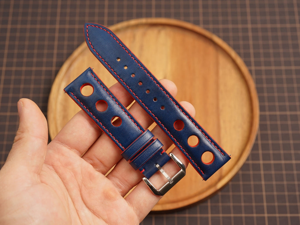 Bespoke Navy Red Rally Racing Buttero Leather Watch Strap, Perforated Watch Band