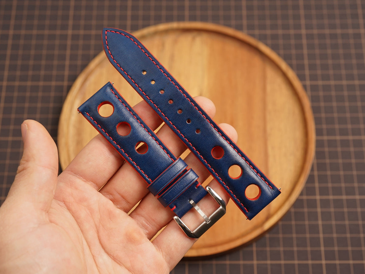 Bespoke Navy Red Rally Racing Buttero Leather Watch Strap, Perforated Watch Band