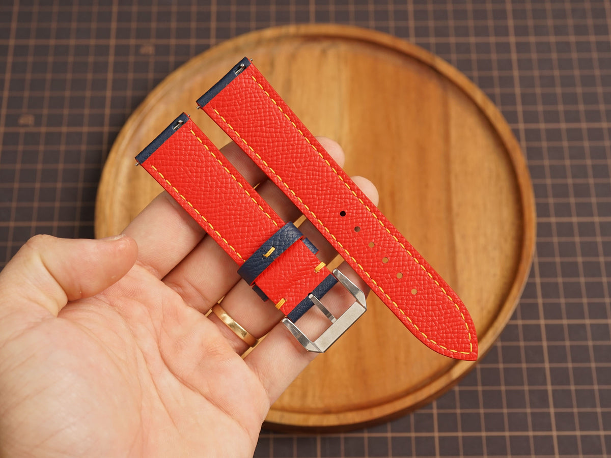 Bespoke Navy Red Yellow Rally Racing Leather Watch Strap, Perforated Watch Band