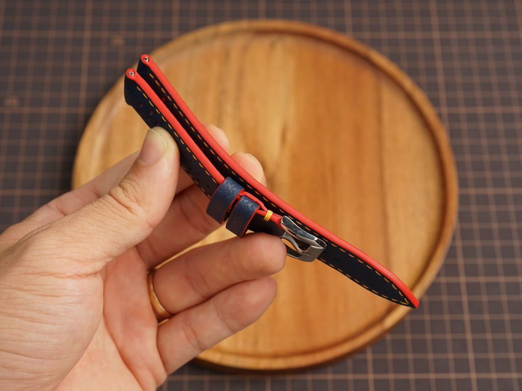 Bespoke Navy Red Yellow Rally Racing Leather Watch Strap, Perforated Watch Band