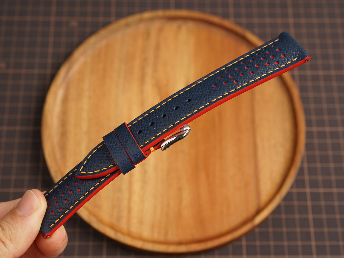 Bespoke Navy Red Yellow Rally Racing Leather Watch Strap, Perforated Watch Band