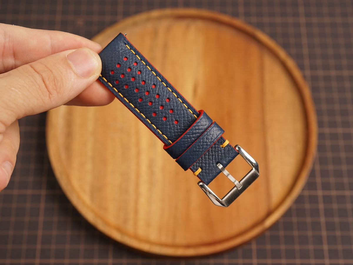 Bespoke Navy Red Yellow Rally Racing Leather Watch Strap, Perforated Watch Band