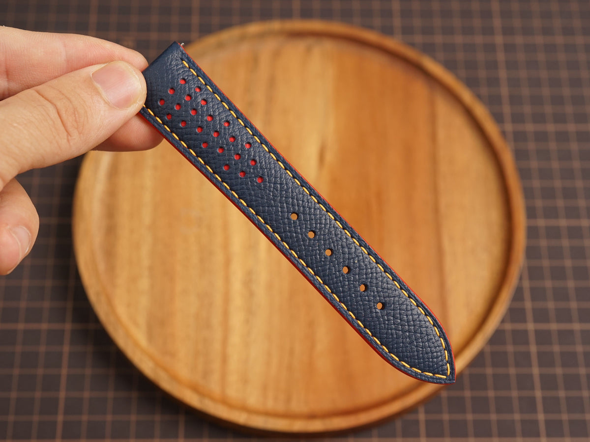 Bespoke Navy Red Yellow Rally Racing Leather Watch Strap, Perforated Watch Band