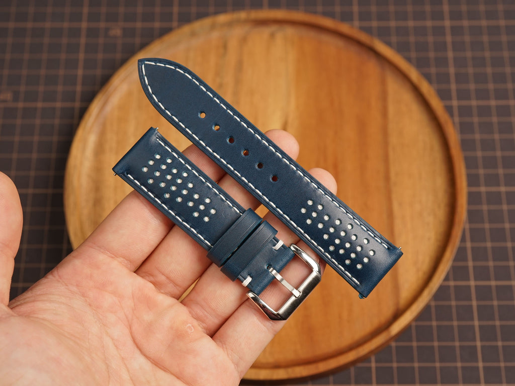 Bespoke Navy White Rally Racing Buttero Leather Watch Strap, Perforated Watch Band