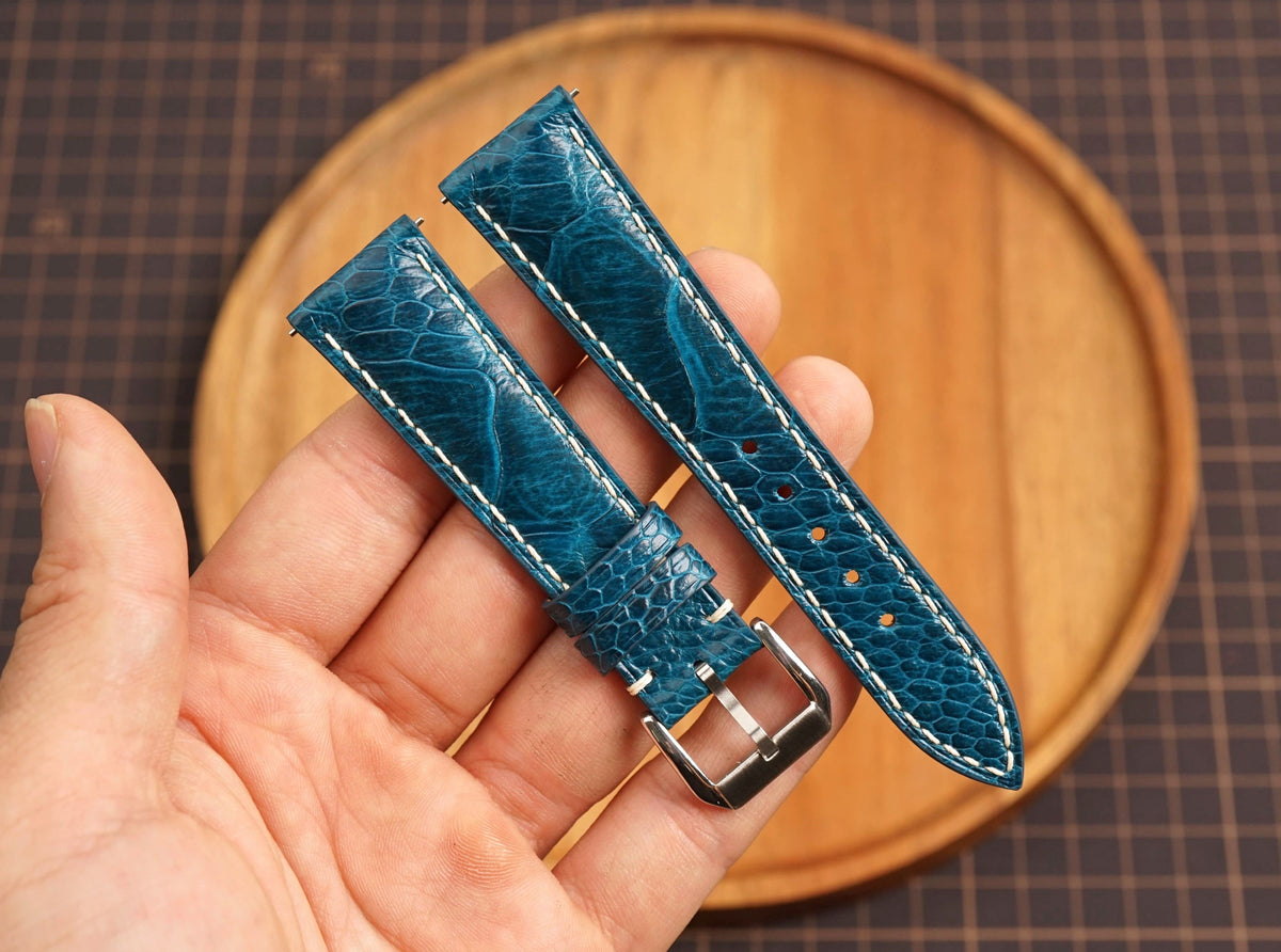 Bespoke Ocean Blue Ostrich Leather Watch Strap