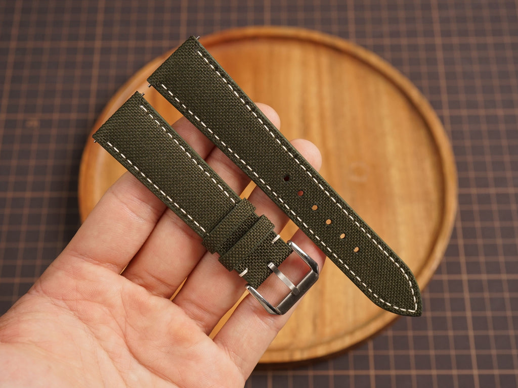 Bespoke Dark Olive Canvas Watch Strap White Stitching, Dress Watch Band
