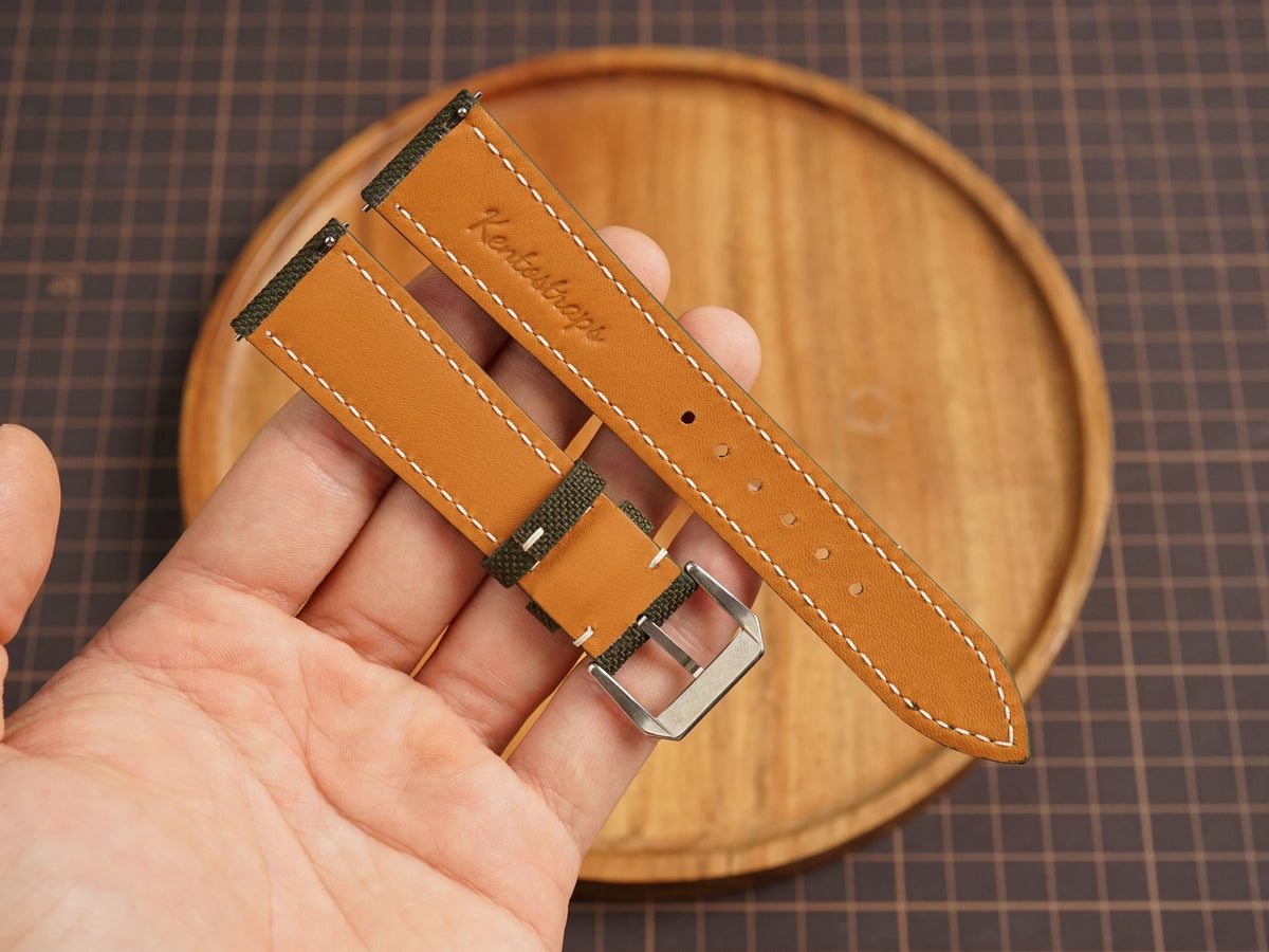 Bespoke Dark Olive Canvas Watch Strap White Stitching, Dress Watch Band