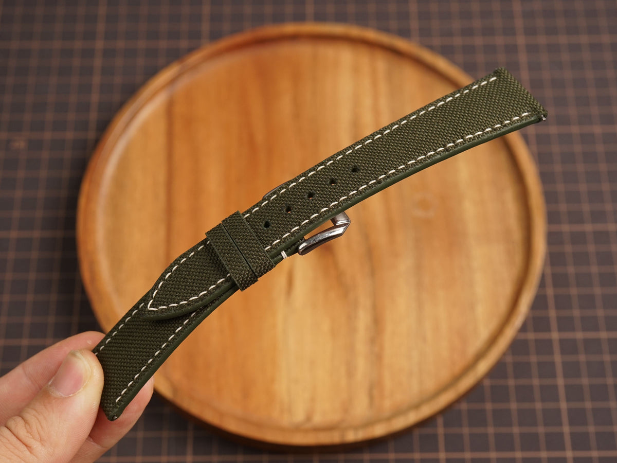 Bespoke Dark Olive Canvas Watch Strap White Stitching, Dress Watch Band
