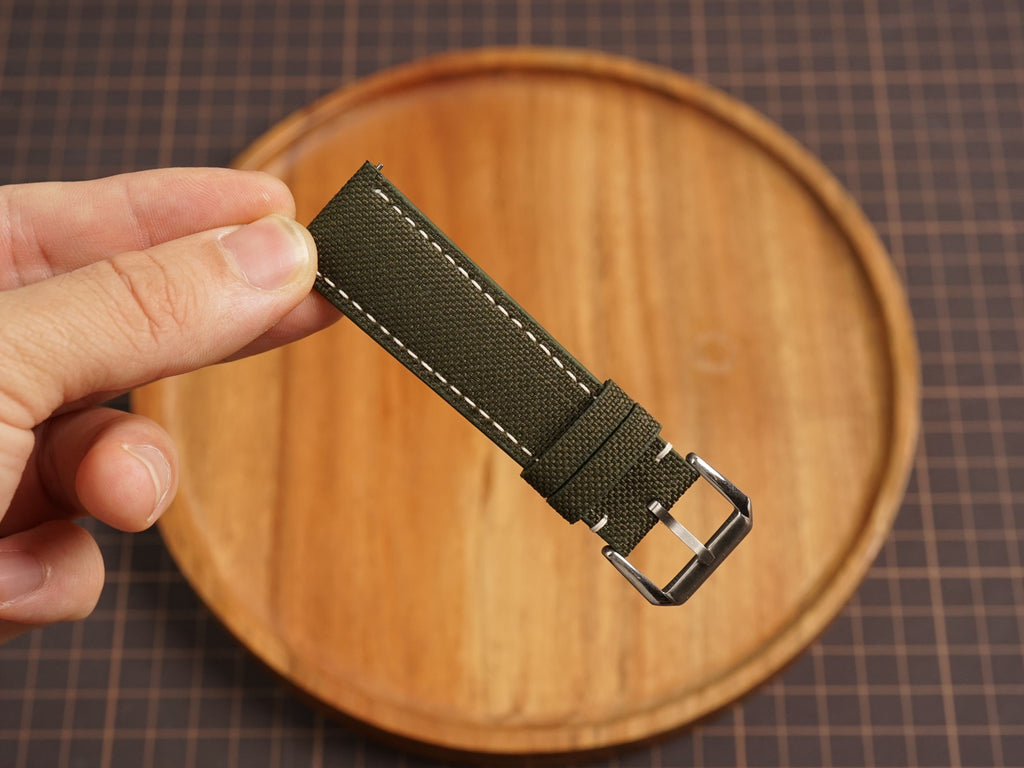 Bespoke Dark Olive Canvas Watch Strap White Stitching, Dress Watch Band