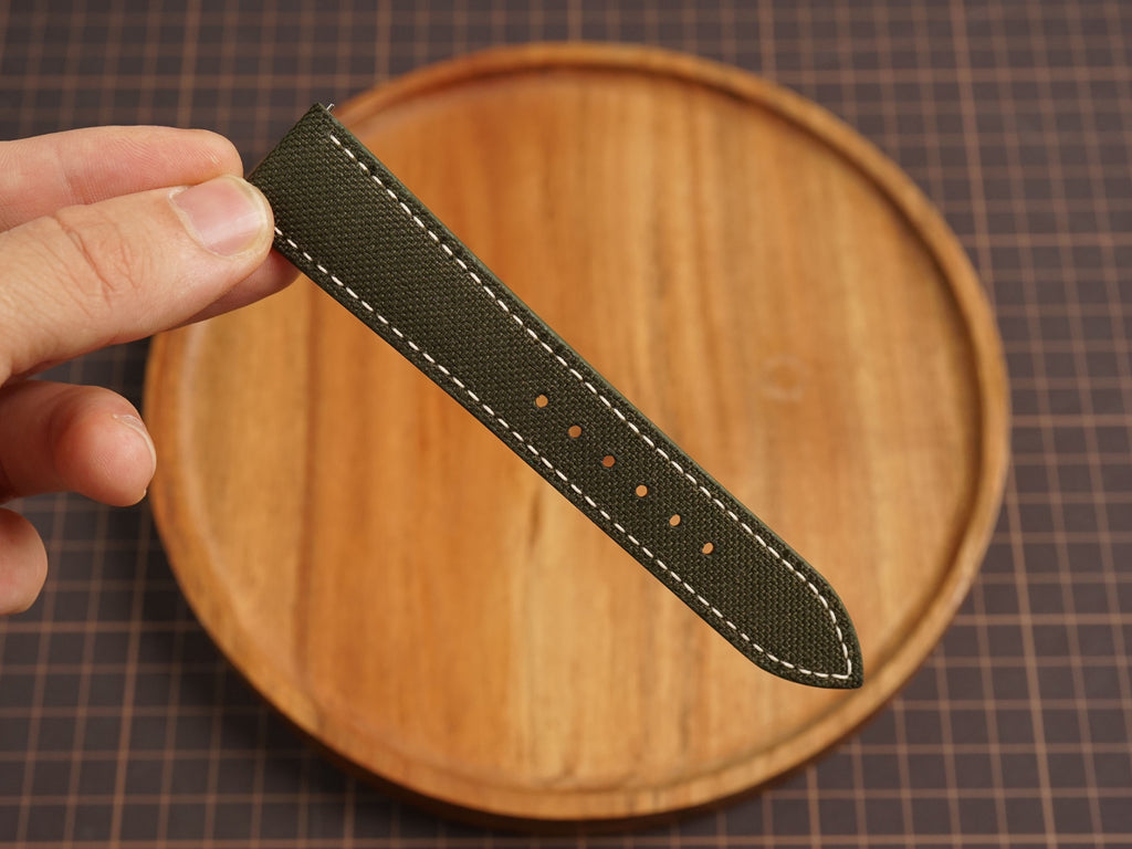 Bespoke Dark Olive Canvas Watch Strap White Stitching, Dress Watch Band