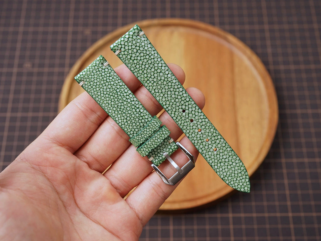Bespoke No Pearl Olive Stingray Leather Watch Strap, Dress Watch Strap