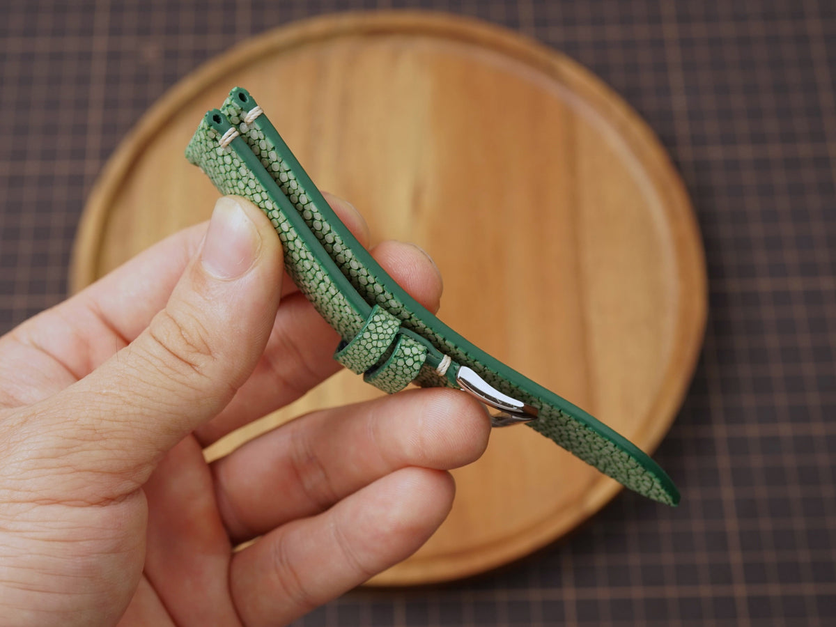 Bespoke No Pearl Olive Stingray Leather Watch Strap, Dress Watch Strap