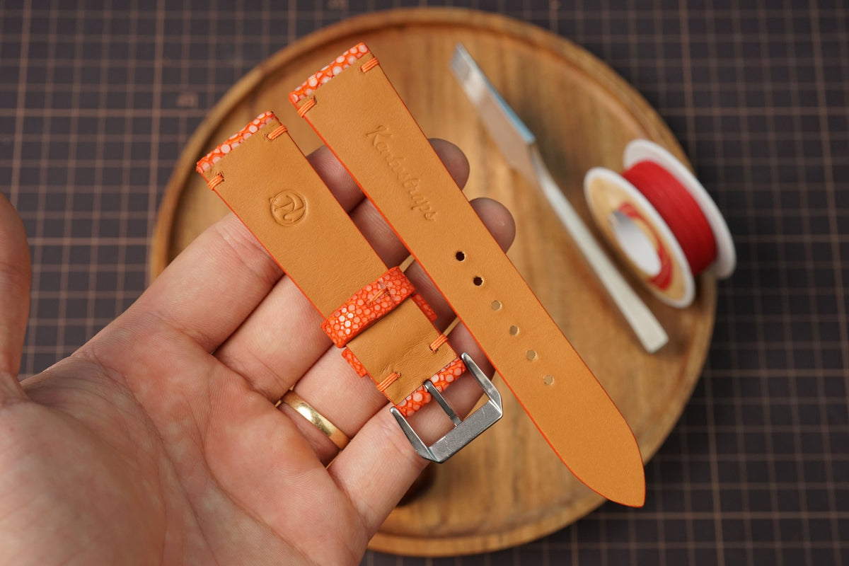 Bespoke Orange Double Pearl Stingray Leather Watch Strap 16/17/18/19/20/21/22/23/24/26/27mm