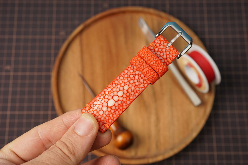 Bespoke Orange Double Pearl Stingray Leather Watch Strap 16/17/18/19/20/21/22/23/24/26/27mm