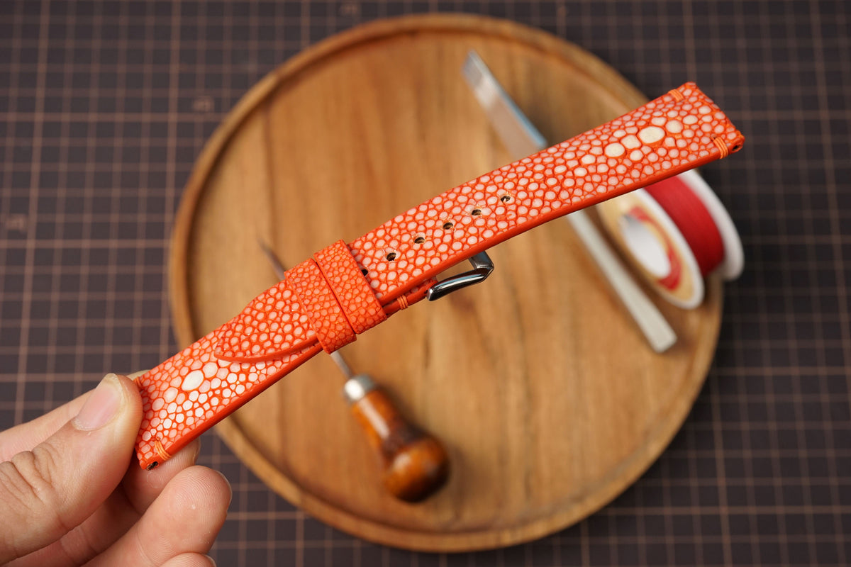 Bespoke Orange Double Pearl Stingray Leather Watch Strap 16/17/18/19/20/21/22/23/24/26/27mm