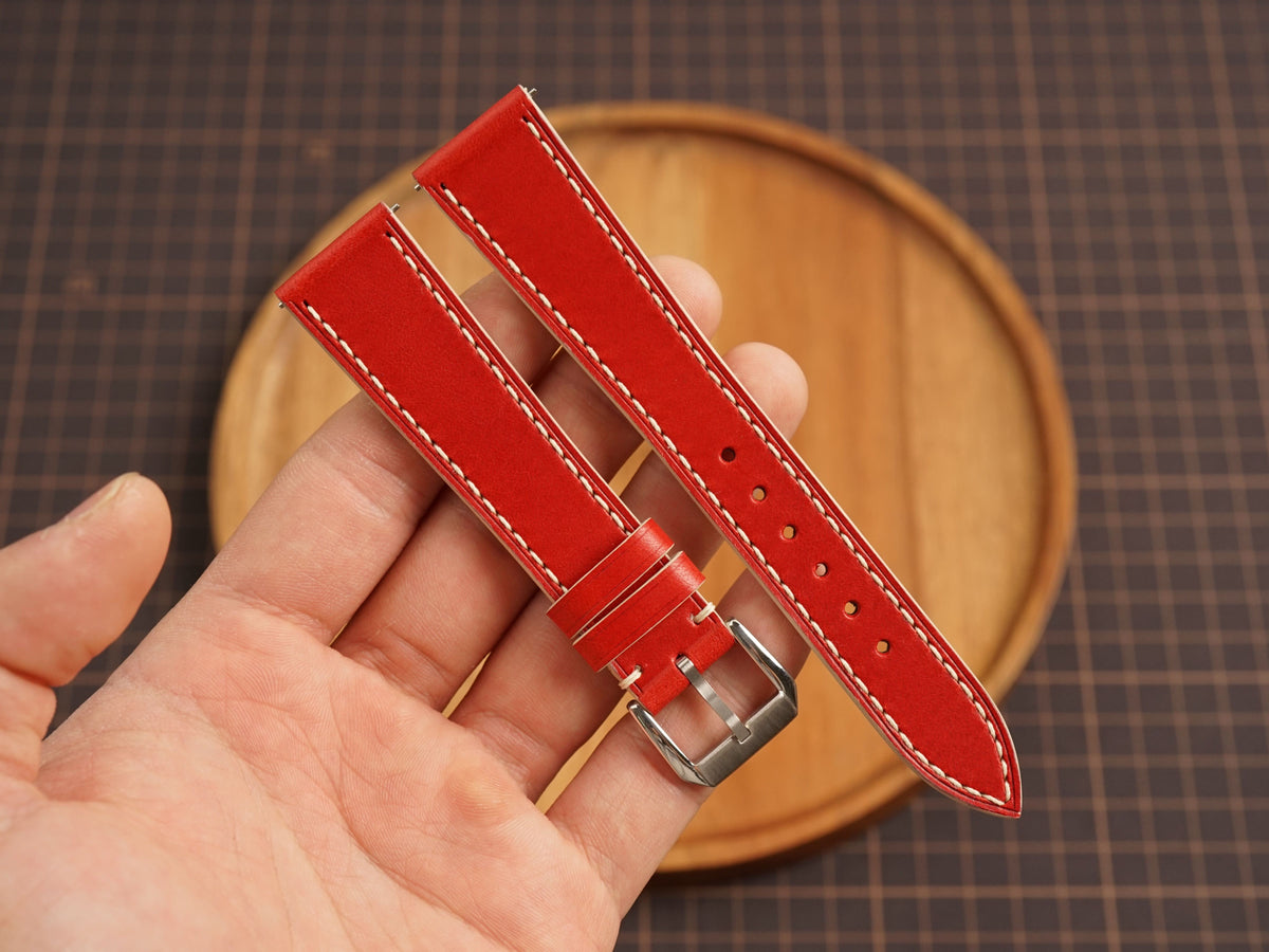 Bespoke Red Buttero Leather Watch Strap with Cream Stitching for Vintage Watches